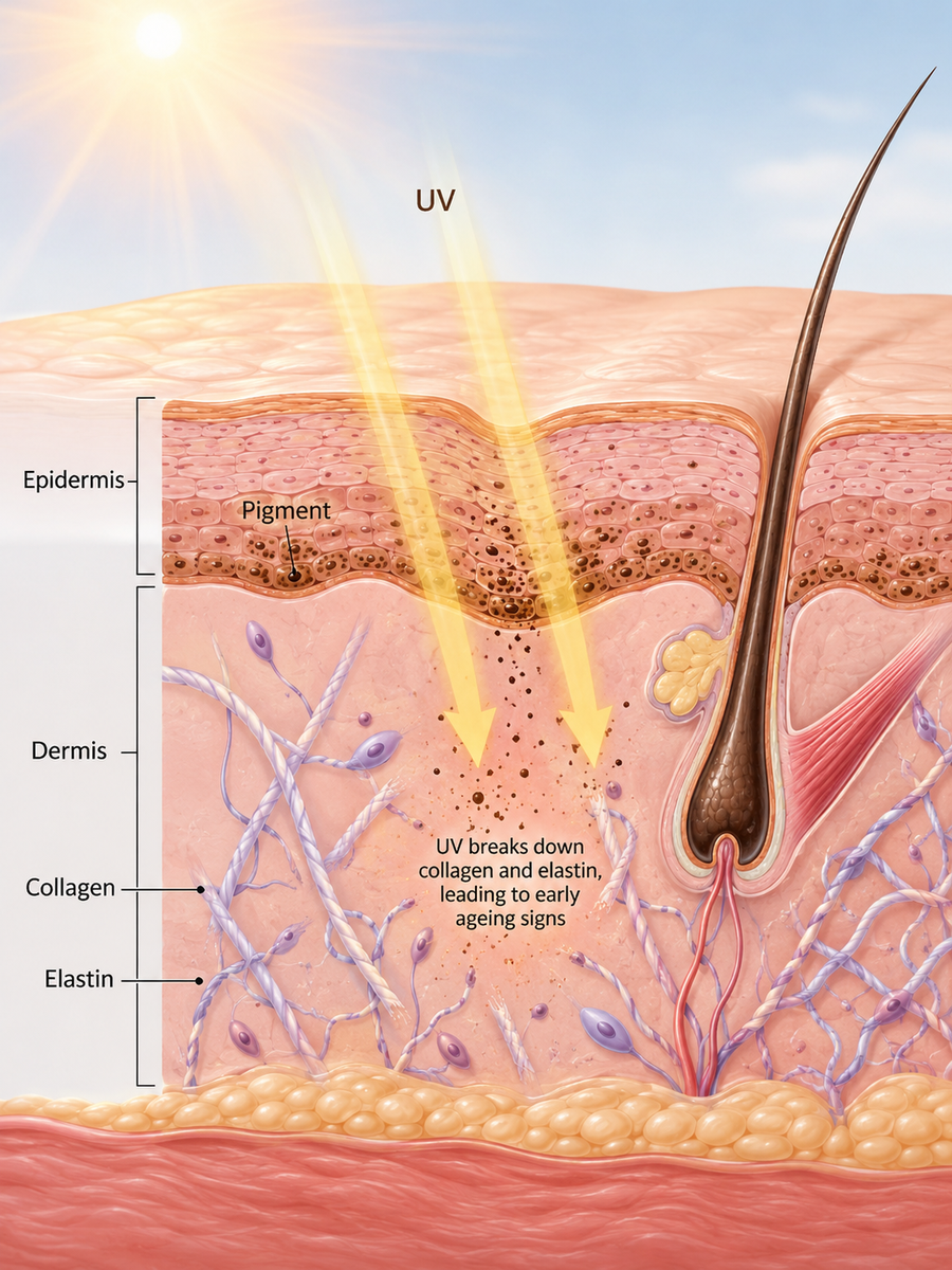 Anatomical skin cross-section showing ultraviolet exposure and changes in collagen and elastin