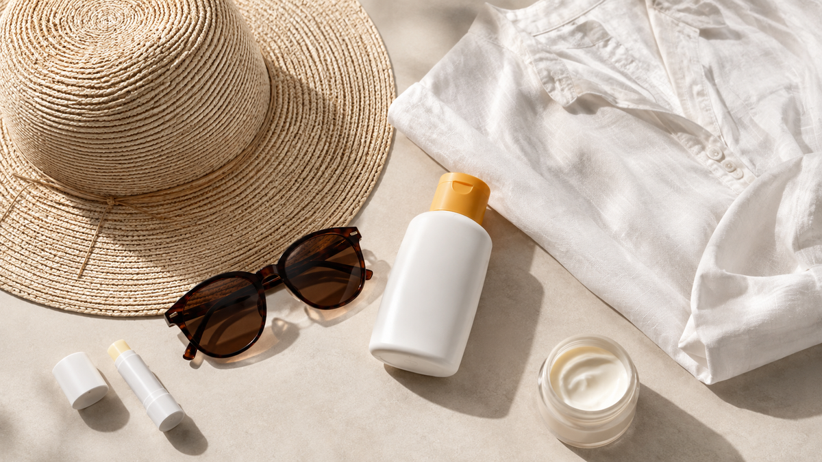 Sunscreen, protective clothing, shade, gentle cleanser and moisturiser arranged for daily skin protection
