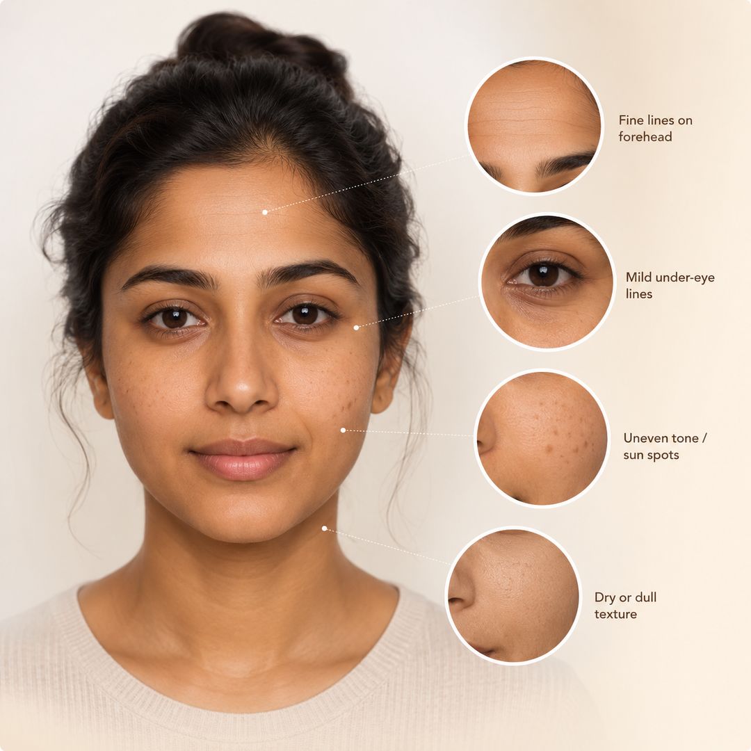 Medical illustration of subtle fine lines, uneven facial tone and reduced firmness