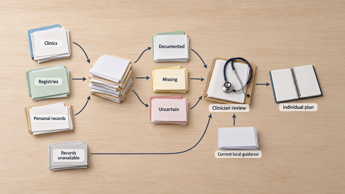 Patient-education visual explaining Follow-Up in Missed Childhood Vaccines as an Adult: How to Review Your Records and Discuss Catch-Up Vaccination about Adult catch-up vaccination when childhood doses are missed or uncertain